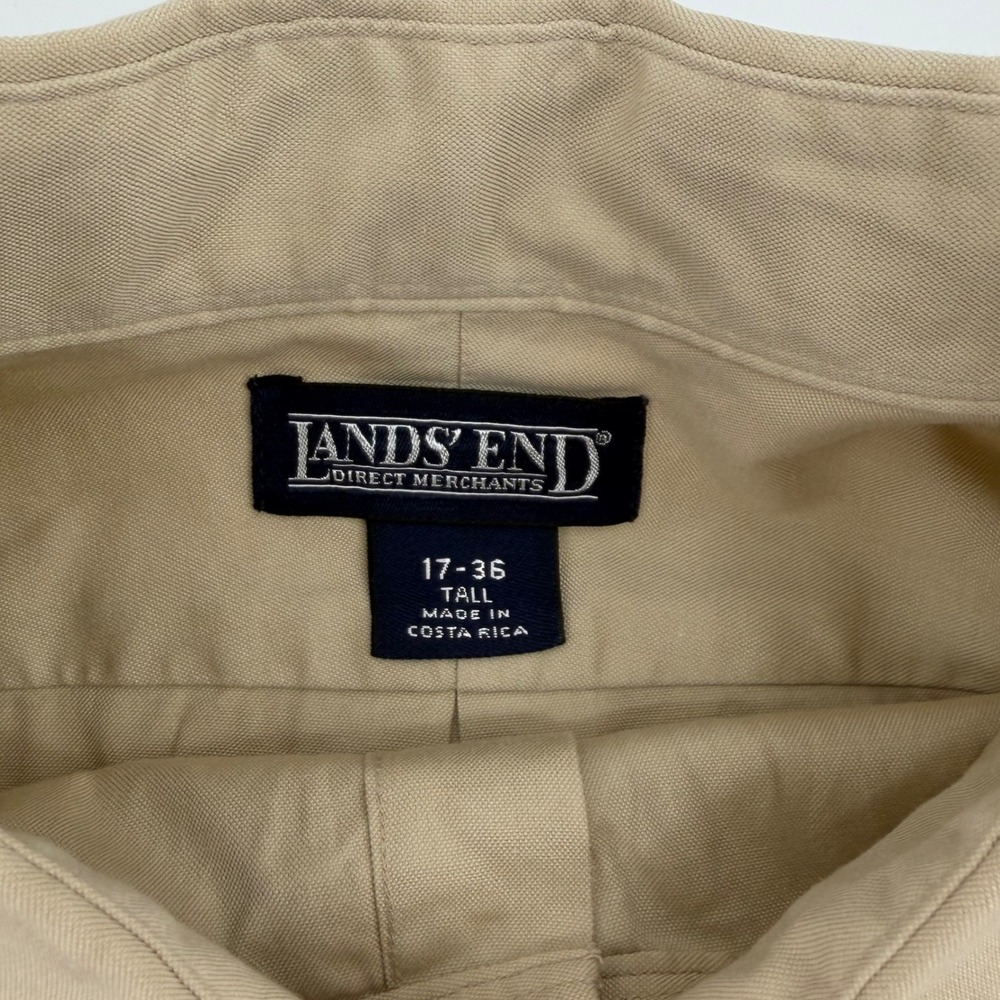 Lands End Mens 17-36 Tall Tan Khaki Button Down Long Sleeve Cotton Dress Shirt‎